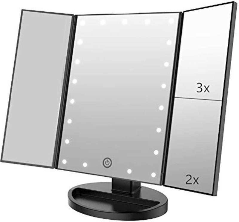 Infitrans Trifold Makeup Mirror Vanity Mirror with Lights,1X 2X 3X Magnification,Touch Screen,180 Adjustable Rotation,Portable Travel Bathroom Cosmetic Mirror